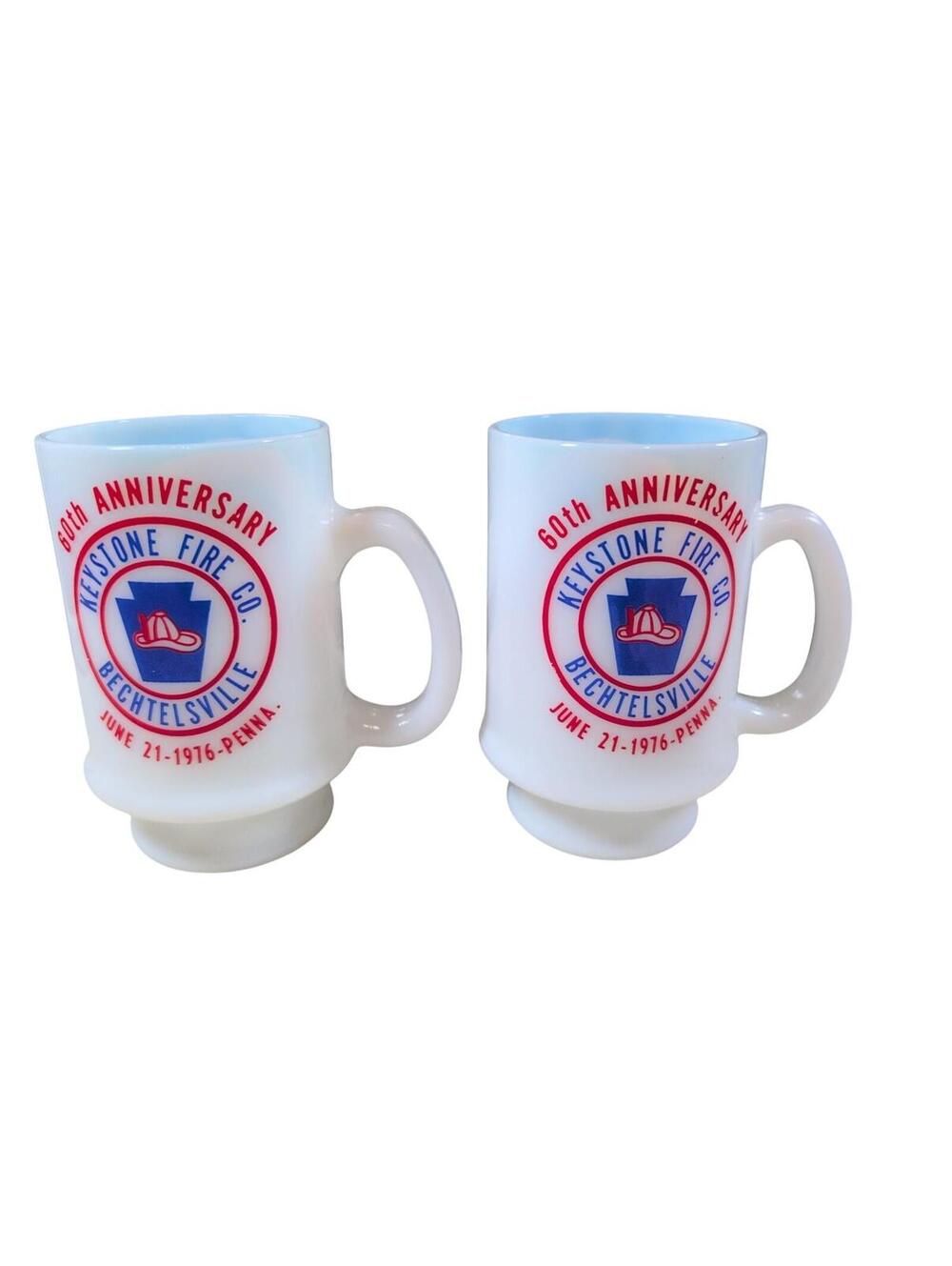 2 Milk Glass Mugs Coffee Tea Keystone Fire Co Bechtelsville PA 60th Anniversary